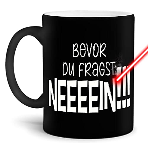 PR Print Royal Tasse mit Gravur & Spruch - Bevor du fragst, Nein! - Lustiges Geschenk, Geburtstag, Arbeit, Weihnachten - Keramik gravieren, Schwarz matt, 300 ml von PR Print Royal