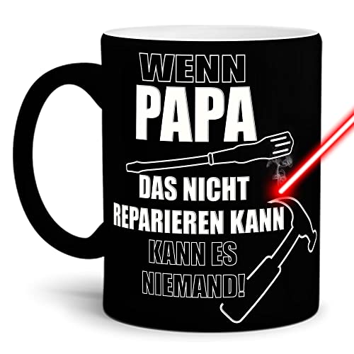 PR Print Royal Tasse mit Gravur & Spruch - Wenn Papa es Nicht reparieren kann - Geschenk zum Vatertag, für Papa, Geburtstag, Weihnachten - Keramik gravieren, Schwarz matt, 300 ml von PR Print Royal