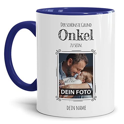Tasse mit Spruch - Der schönste Grund Onkel zu sein - Personalisierbare Keramiktasse mit Namen und Foto - Geschenk Onkel - Innen & Henkel Dunkelblau, 300 ml von PR Print Royal