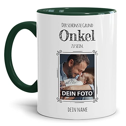 PR Print Royal Tasse mit Spruch - Der schönste Grund Onkel zu Sein - Personalisierbare Keramiktasse mit Namen und Foto - Geschenk Onkel - Innen & Henkel Dunkelgrün, 300 ml von PR Print Royal