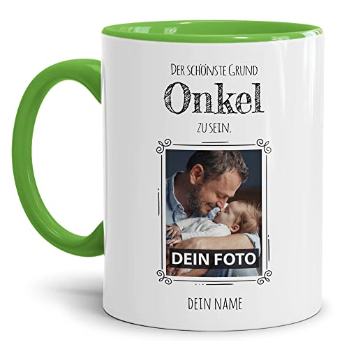 PR Print Royal Tasse mit Spruch - Der schönste Grund Onkel zu Sein - Personalisierbare Keramiktasse mit Namen und Foto - Geschenk Onkel - Innen & Henkel Hellgrün, 300 ml von PR Print Royal