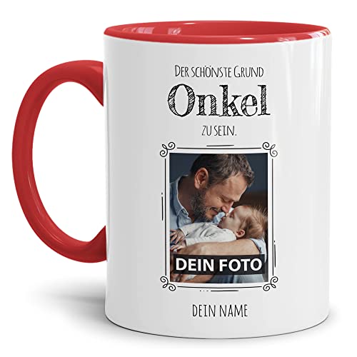 Tasse mit Spruch - Der schönste Grund Onkel zu sein - Personalisierbare Keramiktasse mit Namen und Foto - Geschenk Onkel - Innen & Henkel Rot, 300 ml von PR Print Royal
