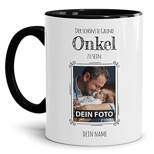 PR Print Royal Tasse mit Spruch - Der schönste Grund Onkel zu Sein - Personalisierbare Keramiktasse mit Namen und Foto - Geschenk Onkel - Innen & Henkel Schwarz, 300 ml von PR Print Royal