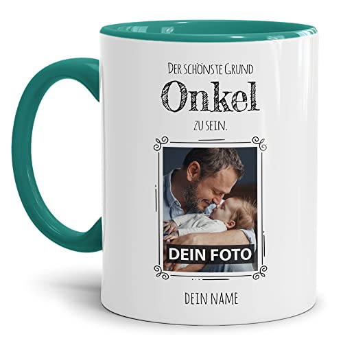 PR Print Royal Tasse mit Spruch - Der schönste Grund Onkel zu Sein - Personalisierbare Keramiktasse mit Namen und Foto - Geschenk Onkel - Innen & Henkel Türkis, 300 ml von PR Print Royal