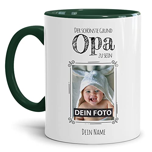 Tasse mit Spruch - Der schönste Grund Opa zu sein - Personalisierbare Keramiktasse mit Namen und Foto - Geschenk Opa - Innen & Henkel Dunkelgrün, 300 ml von PR Print Royal
