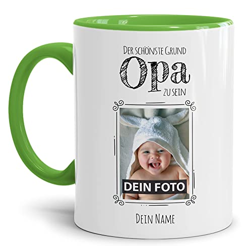 PR Print Royal Tasse mit Spruch - Der schönste Grund Opa zu Sein - Personalisierbare Keramiktasse mit Namen und Foto - Geschenk Opa - Innen & Henkel Hellgrün, 300 ml von PR Print Royal