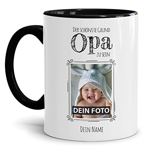 PR Print Royal Tasse mit Spruch - Der schönste Grund Opa zu Sein - Personalisierbare Keramiktasse mit Namen und Foto - Geschenk Opa - Innen & Henkel Schwarz, 300 ml von PR Print Royal