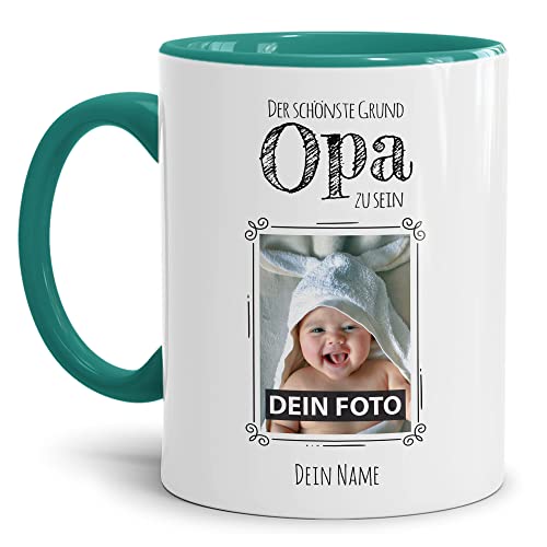 Tasse mit Spruch - Der schönste Grund Opa zu sein - Personalisierbare Keramiktasse mit Namen und Foto - Geschenk Opa - Innen & Henkel Türkis, 300 ml von PR Print Royal
