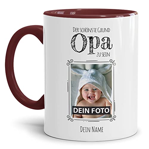 PR Print Royal Tasse mit Spruch - Der schönste Grund Opa zu Sein - Personalisierbare Keramiktasse mit Namen und Foto - Geschenk Opa - Innen & Henkel Weinrot, 300 ml von PR Print Royal