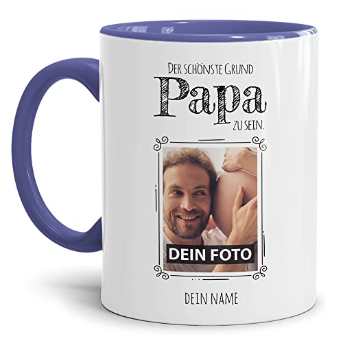 PR Print Royal Tasse mit Spruch - Der schönste Grund Papa zu Sein - Personalisierbare Keramiktasse mit Namen und Foto - Geschenk Papa - Innen & Henkel Cambridge Blau, 300 ml von PR Print Royal