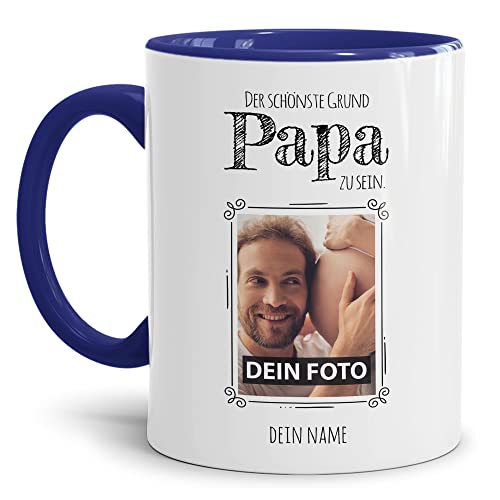 PR Print Royal Tasse mit Spruch - Der schönste Grund Papa zu Sein - Personalisierbare Keramiktasse mit Namen und Foto - Geschenk Papa - Innen & Henkel Dunkelblau, 300 ml von PR Print Royal