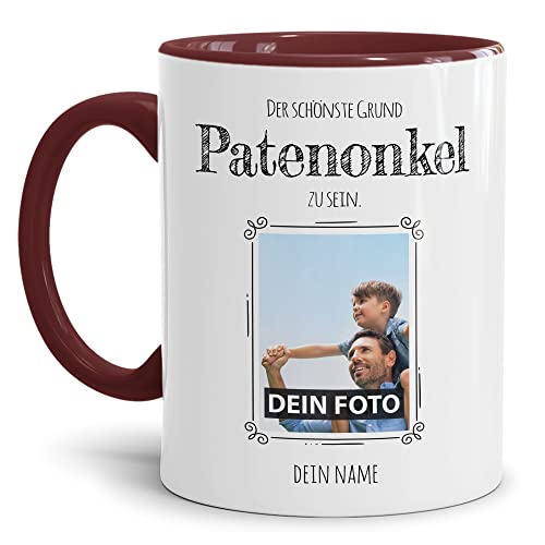 Tasse mit Spruch - Der schönste Grund Patenonkel zu sein - Personalisierbare Keramiktasse mit Namen und Foto - Geschenk Patenonkel - Innen & Henkel Weinrot, 300 ml von PR Print Royal