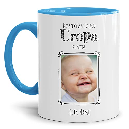 PR Print Royal Tasse mit Spruch - Der schönste Grund Uropa zu Sein - Personalisierbare Keramiktasse mit Namen und Foto - Geschenk Uropa - Innen & Henkel Hellblau, 300 ml von PR Print Royal