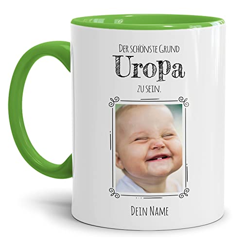 PR Print Royal Tasse mit Spruch - Der schönste Grund Uropa zu Sein - Personalisierbare Keramiktasse mit Namen und Foto - Geschenk Uropa - Innen & Henkel Hellgrün, 300 ml von PR Print Royal