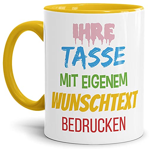 PR Print Royal Tasse mit Text selbst gestalten - Geschenk für Frauen, Männer, Geburtstag, Weihnachten - Keramik Innen & Henkel Gelb I Mittig gegenüber vom Henkel Bedruckt von PR Print Royal