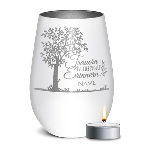 PR Print Royal Trauer Windlicht mit Gravur - Trauern ist liebevolles Erinnern - mit Name gravieren - Trauergeschenk, Gedenklicht, Geschenke für Trauernde | inkl. Teelicht, 450 ml, Weiß/Silber PR Print Royal Trauer Windlicht mit Gravur - Trauern ist liebevolles Erinnern - mit Name gravieren - Trauergeschenk, Gedenklicht, Geschenke für Trauernde | inkl. Teelicht, 450 ml, Weiß/Silber von PR Print Royal