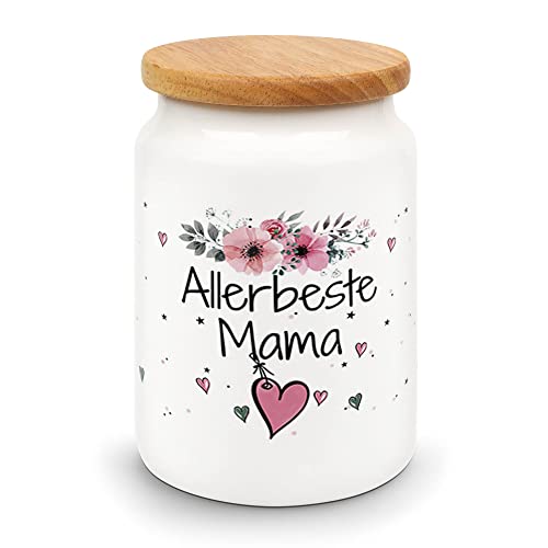 PR Print Royal Vorratsdose mit Spruch - Allerbeste Mama - Hochwertige Keramikdose mit Holzdeckel - Keksdose für Mama - 650 ml, Lebensmittelecht | Geschenk für Mama von PR Print Royal