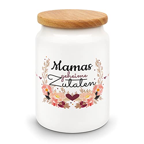 PR Print Royal Vorratsdose mit Spruch - Mamas geheime Zutaten - Hochwertige Keramikdose mit Holzdeckel - Dose aus Keramik - 650 ml, Lebensmittelecht | Geschenk für Mama von PR Print Royal