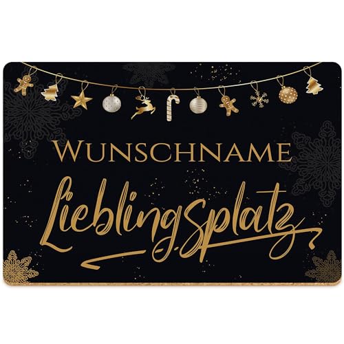 PR Print Royal Weihnachts-Platzset mit Name - Tischset Schwarz-Gold Lieblingsplatz - Platzdeckchen Geschenk Tischdeko Weihnachten | rutschfeste & abwischbare Unterlage Kork, 40x30cm, 1 Stück von PR Print Royal