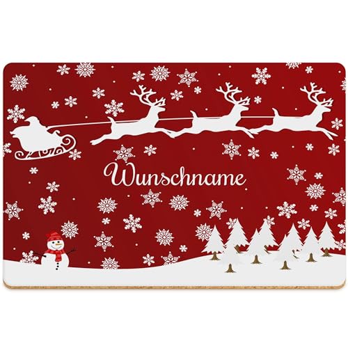 PR Print Royal Weihnachts-Platzset mit Name - Tischset Weihnachtsmann mit Rentierschlitten - Platzdeckchen Geschenk Tischdeko Weihnachten | rutschfeste & abwischbare Unterlage Kork, 40x30cm, 1 Stück von PR Print Royal