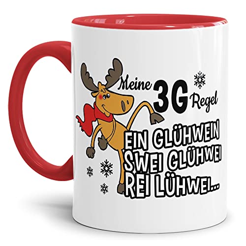 PR Print Royal Weihnachts-Tasse mit Spruch - 3G-Regel, EIN Glühwein, Swei Glühwei, Rei Lühwei - Lustiges Weihnachts Geschenk, Weihnachten, Familie, Freunde - Keramik, Innen & Henkel Rot, 300 ml von PR Print Royal