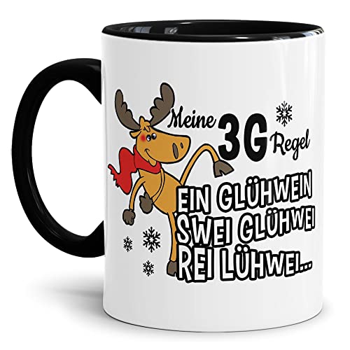 PR Print Royal Weihnachts-Tasse mit Spruch - 3G-Regel, EIN Glühwein, Swei Glühwei, Rei Lühwei - Lustiges Weihnachts Geschenk, Weihnachten, Familie, Freunde - Keramik, Innen & Henkel Schwarz, 300 ml von PR Print Royal