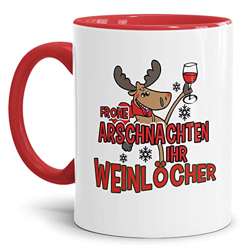 PR Print Royal Weihnachts-Tasse mit Spruch - Arschnachten Weinlöcher - Lustiges Geschenk, Weihnachten, Familie, Freunde - Keramik, Innen & Henkel Rot, 300 ml von PR Print Royal