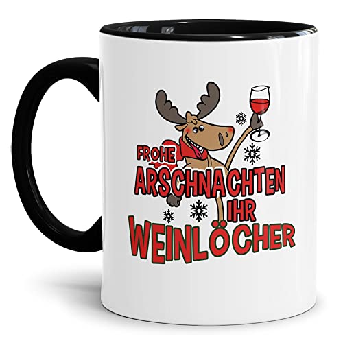 PR Print Royal Weihnachts-Tasse mit Spruch - Arschnachten Weinlöcher - Lustiges Geschenk, Weihnachten, Familie, Freunde - Keramik, Innen & Henkel Schwarz, 300 ml von PR Print Royal