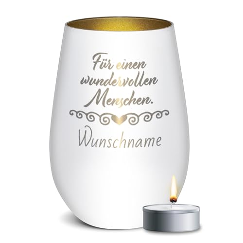 PR Print Royal Weißes Windlicht mit Gravur - Für einen wundervollen Menschen - mit Name Personalisieren - Geschenke für Freundinnen | inkl. Teelicht, 450 ml, Innen Gold von PR Print Royal