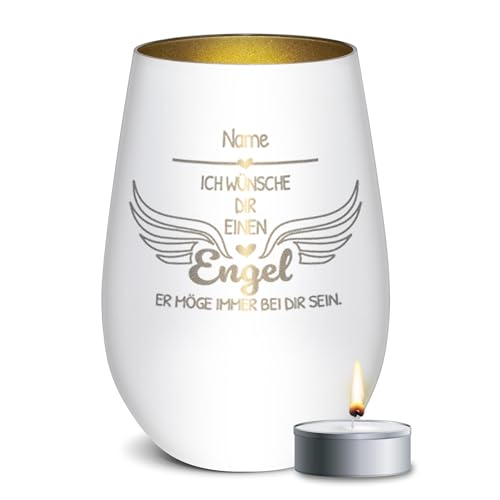 PR Print Royal Weißes Windlicht mit Gravur - Ich wünsche dir einen Engel - mit Name gravieren - Geschenke zur Taufe, Kommunion, Konfirmation | inkl. Teelicht, 450 ml, Innen Gold von PR Print Royal