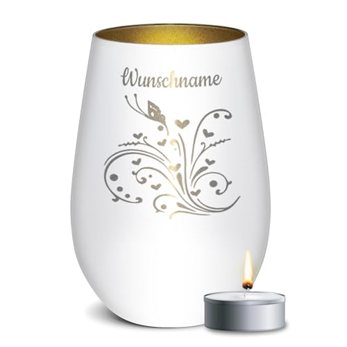 PR Print Royal Weißes Windlicht mit Gravur - Schmetterling - mit Name Personalisieren - Geschenk für Beste Freundin | Individuelle Gravur inkl. Teelicht, 450 ml, Innen Gold PR Print Royal Weißes Windlicht mit Gravur - Schmetterling - mit Name Personalisieren - Geschenk für Beste Freundin | Individuelle Gravur inkl. Teelicht, 450 ml, Innen Gold von PR Print Royal