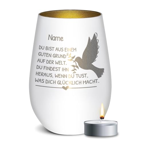 PR Print Royal Weißes Windlicht mit Gravur und Spruch - Tu, was Dich glücklich Macht - mit Name gravieren - Geschenke zur Taufe, Kommunion, Konfirmation | inkl. Teelicht, 450 ml, Innen Gold von PR Print Royal