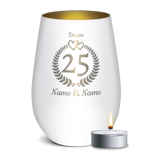 PR Print Royal Weißes Windlicht mit Gravur zur Silberhochzeit - 25 Jahre - mit Namen & Datum - Hochzeitsgeschenk, Geschenk Silberhochzeit | inkl. Teelicht, 450 ml, Innen Gold PR Print Royal Weißes Windlicht mit Gravur zur Silberhochzeit - 25 Jahre - mit Namen & Datum - Hochzeitsgeschenk, Geschenk Silberhochzeit | inkl. Teelicht, 450 ml, Innen Gold von PR Print Royal