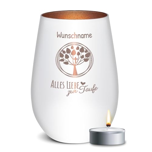 PR Print Royal Weißes Windlicht mit Gravur zur Taufe - mit Name gravieren - Glas mit Gravur selbst gestalten, Geschenk zur Taufe | Taufgeschenk inkl. Teelicht, 450 ml, Innen Bronze von PR Print Royal