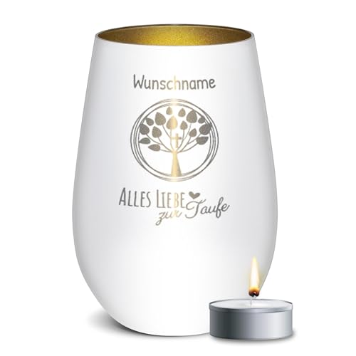 PR Print Royal Weißes Windlicht mit Gravur zur Taufe - mit Name gravieren - Glas mit Gravur selbst gestalten, Geschenk zur Taufe | Taufgeschenk inkl. Teelicht, 450 ml, Innen Gold von PR Print Royal