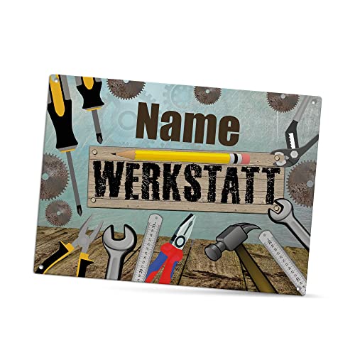 PR Print Royal Werkstattschild selbst gestalten - Werkstatt - Metallschild personalisiert mit Name, Geschenk für Männer, Outdoorschild aus Aluminium | Wetterfest, 28x20 cm von PR Print Royal