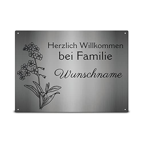 PR Print Royal Wetterfestes Türschild Familie mit Namen - Willkommen bei Familie Ihr Name - Familienschild personalisiert Haustür Schilder Familie mit Name | Metallschild mit Blume, 21x15 cm von PR Print Royal