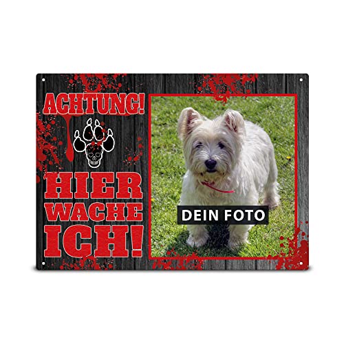 PR Print Royal Wetterfestes Vorsicht Hund Schild mit Foto - Hier wache ich - Hundeschild selbst gestalten mit Bild, Geschenkidee für Hundebesitzer | Mattes Metallschild, 21x15 cm von PR Print Royal