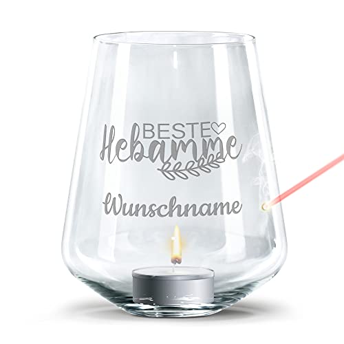 PR Print Royal Windlicht mit Gravur - Beste Hebamme mit Wunschname - Personalisierte Geschenke für Hebamme, Dankeschön Geschenk zur Geburt, Zweig | inklusive Teelicht von PR Print Royal