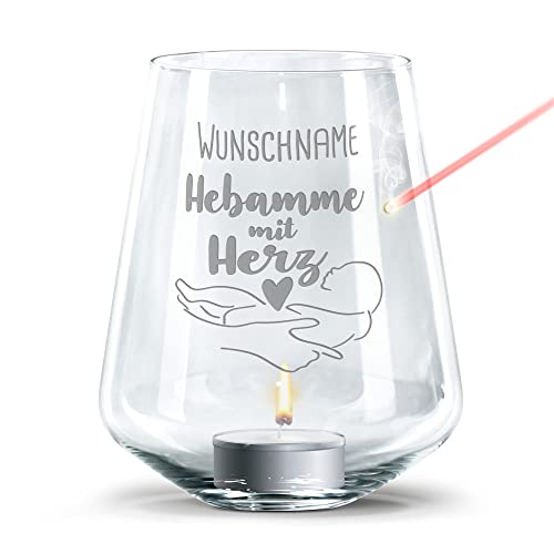 PR Print Royal Windlicht mit Gravur - Hebamme mit Herz - mit Wunschname personalisierte Geschenke für Hebamme, Dankeschön Geschenk zur Geburt | inklusive Teelicht von PR Print Royal