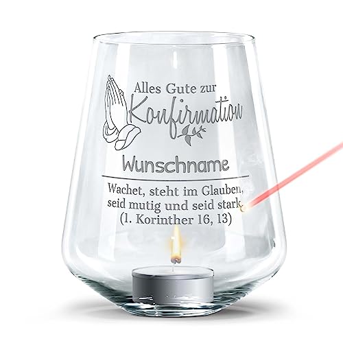 PR Print Royal Windlicht mit Gravur zur Konfirmation selbst gestalten - mit Name gravieren - inkl. Teelicht - Seid mutig und seid stark - personalisierte Geschenke Konfirmation mit Kerze von PR Print Royal