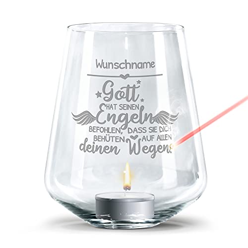 PR Print Royal Windlicht mit Gravur zur Taufe selbst gestalten - Gott hat seinen Engeln befohlen - mit Name gravieren - inklusive Teelicht, personalisiertes Taufgeschenk mit Kerze, Geschenk zur Taufe von PR Print Royal