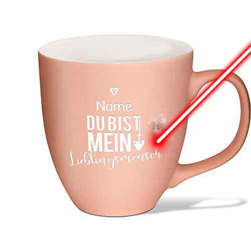 PR Print Royal XXL Jumbotasse graviert mit Name und Spruch - Lieblingsmensch - Hochwertige Porzellan-Tasse mit Gravur, Soft Touch Oberfläche matt, Geschenk für Mama | Pastel Pink, 400 ml von PR Print Royal