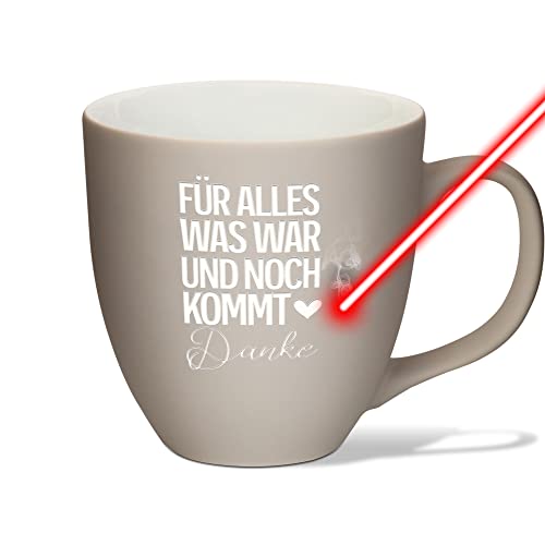 PR Print Royal XXL Jumbotasse graviert mit Spruch - Danke - Hochwertige Porzellan-Tasse mit Gravur, Soft Touch Oberfläche matt, Geschenk Beste Freundin Geburtstag Weihnachten | Warm Grey, 400 ml von PR Print Royal