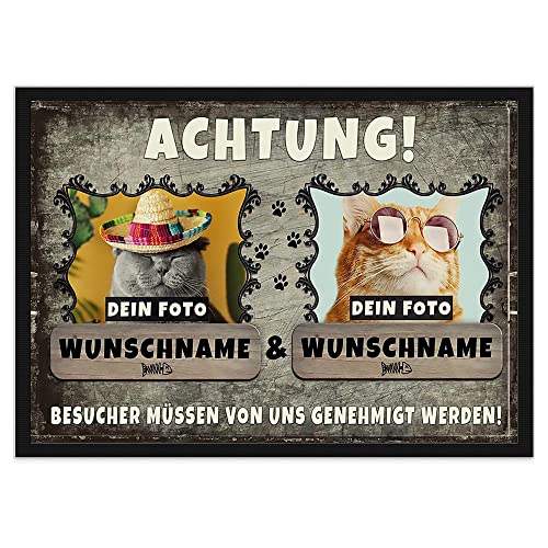 Personalisierte Fußmatte Bedrucken mit Wunschfoto und Wunschname der Katzen - Geschenkidee für Katzenbesitzer - für Zwei Katzen, 90 x 60 cm von PR Print Royal