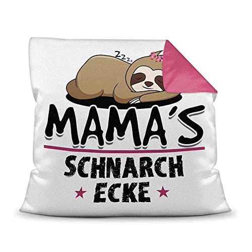 Schnarch-Kissen - mit Spruch für Mama - Mamas Schnarch-Ecke, Sabber-Kissen - Lustiges Muttertagsgeschenk, für die beste Mama, Geburtstag, Weihnachten - Farbkissen Rückseite Pink, 40x40 cm von PR Print Royal