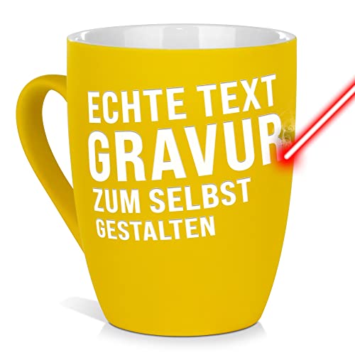 Tasse mit Gravur selbst gestalten - mit eigenem Spruch / Wunschname gravieren - Geschenk Geburtstag, Weihnachten, Freunde, Familie Keramiktasse außen gummiert - Gelb, 300 ml I Lasergravur von PR Print Royal