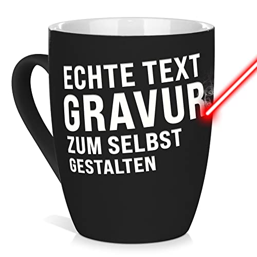 Tasse mit Gravur selbst gestalten - mit eigenem Spruch / Wunschname gravieren - Geschenk Geburtstag, Weihnachten, Freunde, Familie Keramiktasse außen gummiert - Schwarz, 300 ml I Lasergravur von PR Print Royal