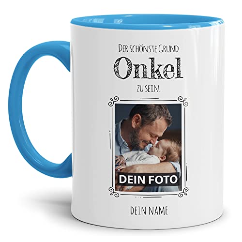 Tasse mit Spruch - Der schönste Grund Onkel zu sein - Personalisierbare Keramiktasse mit Namen und Foto - Geschenk Onkel - Innen & Henkel Hellblau, 300 ml von PR Print Royal