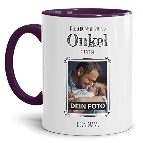 Tasse mit Spruch - Der schönste Grund Onkel zu sein - Personalisierbare Keramiktasse mit Namen und Foto - Geschenk Onkel - Innen & Henkel Weinrot, 300 ml von PR Print Royal